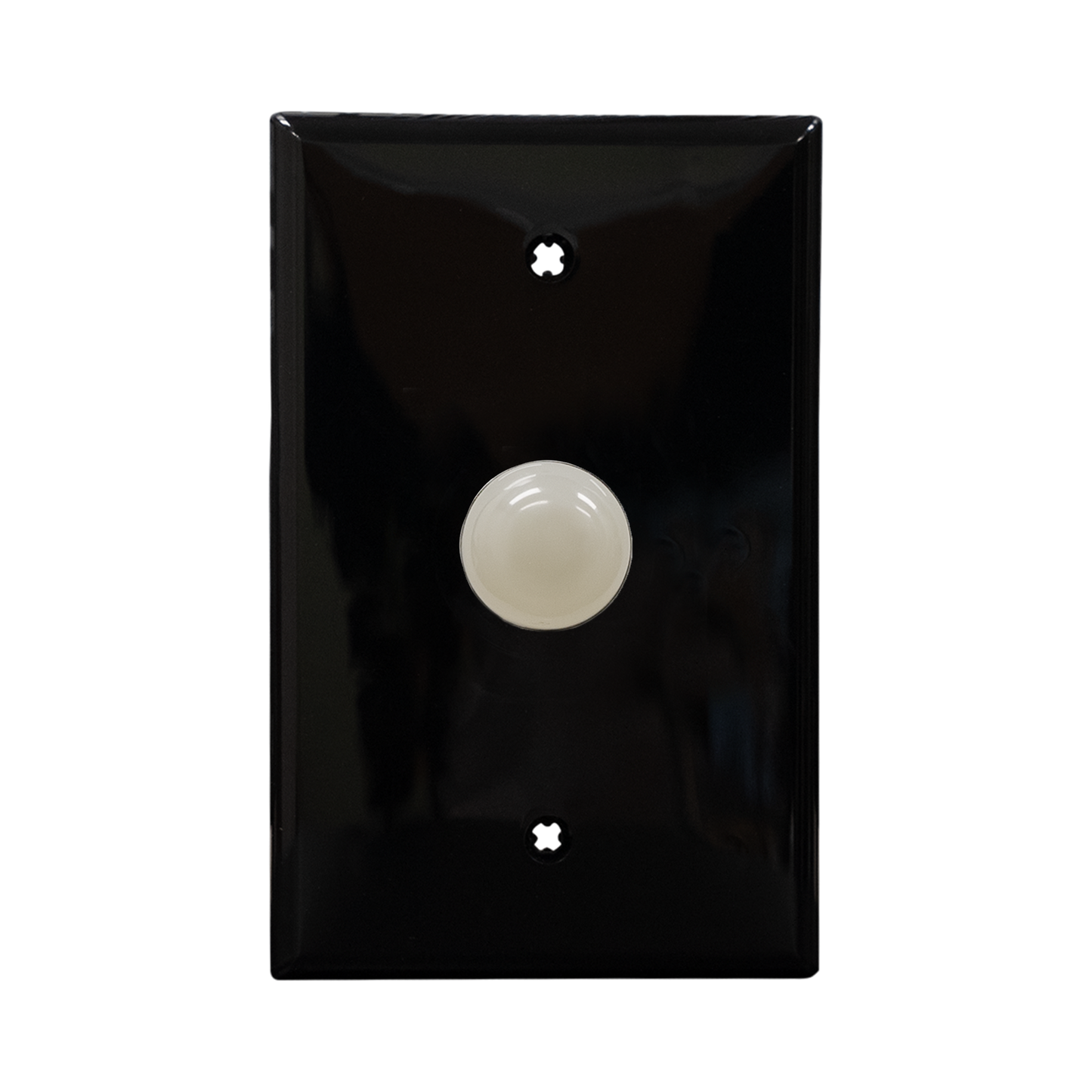 White pilot light with a black wall plate on a white background.