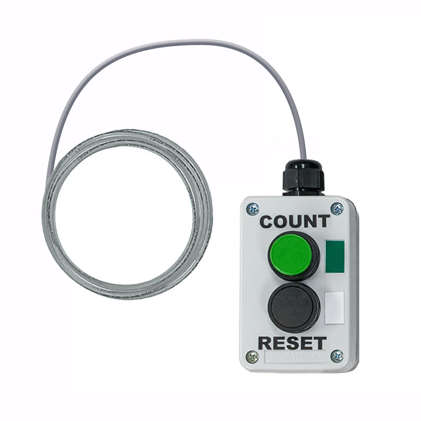 Control panel with green button labeled 'Count' and 'Reset', and a cable on a white background.