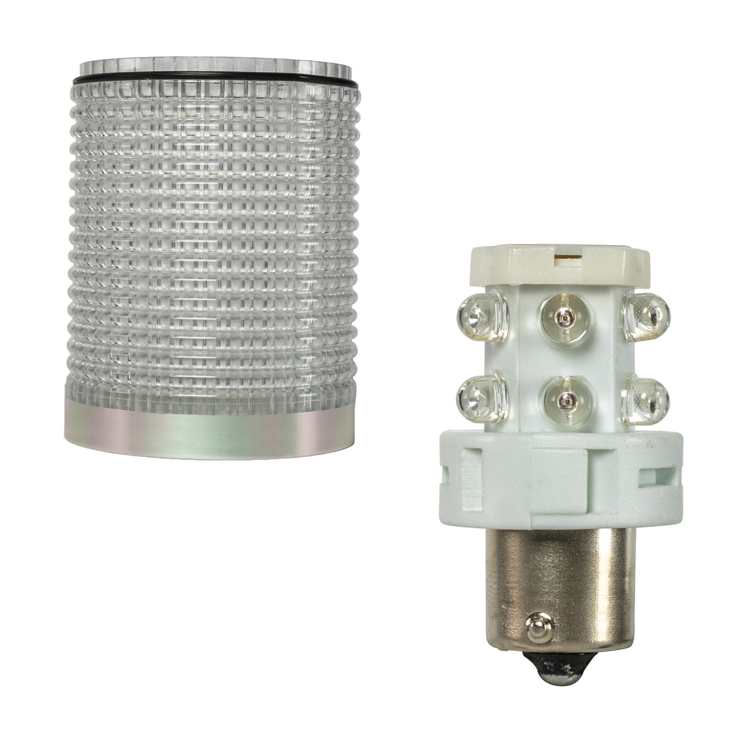 White plastic lens and red light bulb on white background.