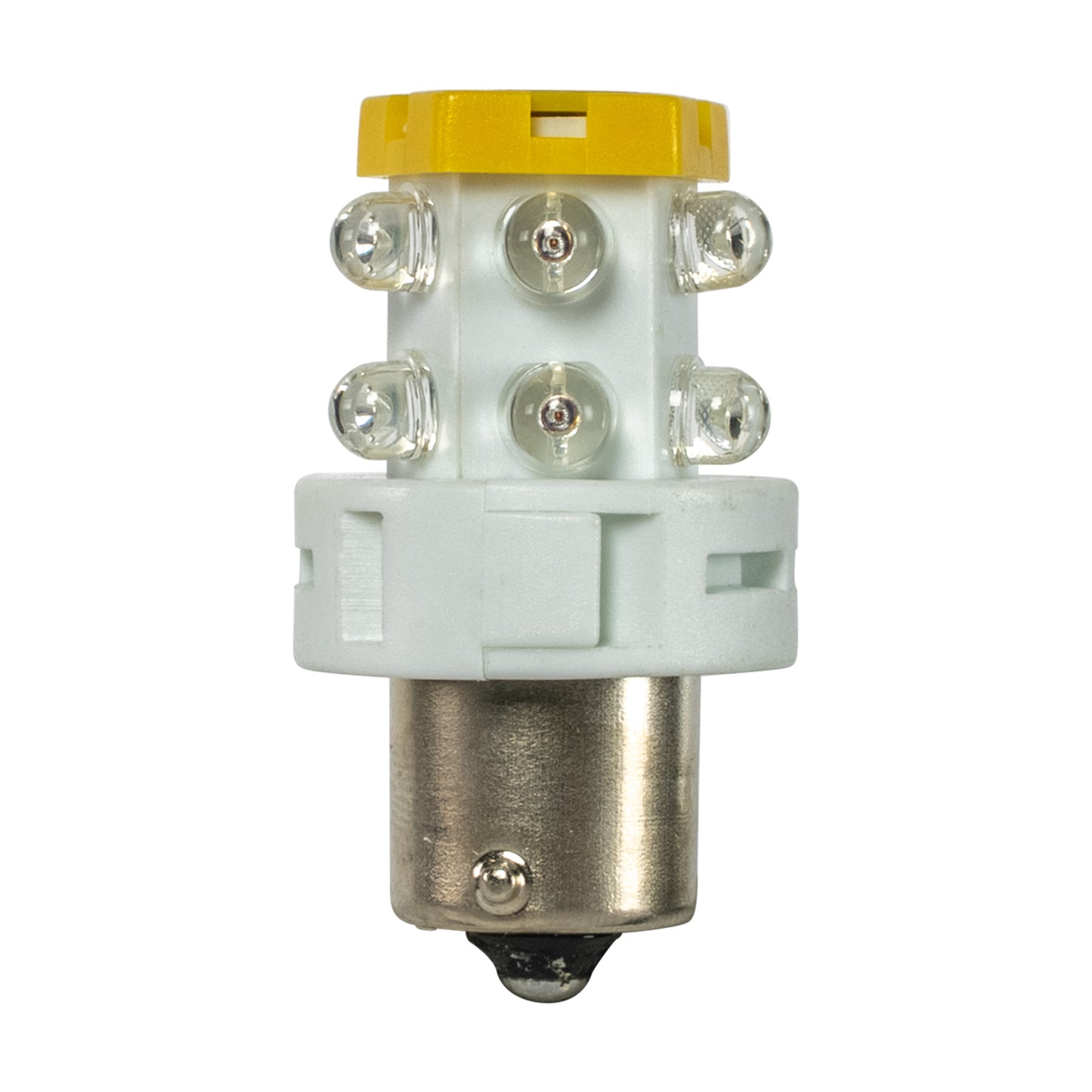 Light bulb with a yellow top and white base on a white background