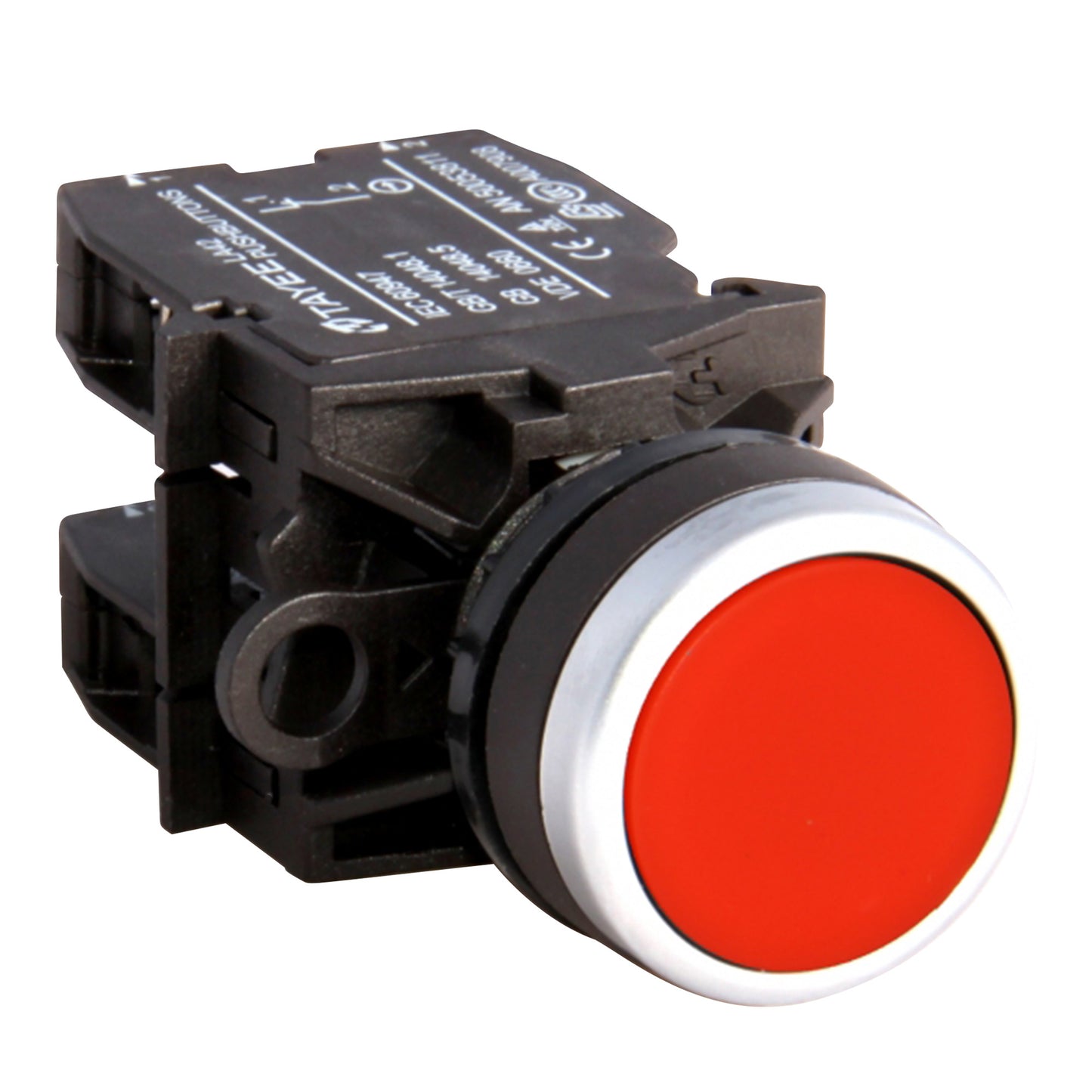 Red button switch with black casing on a white background.