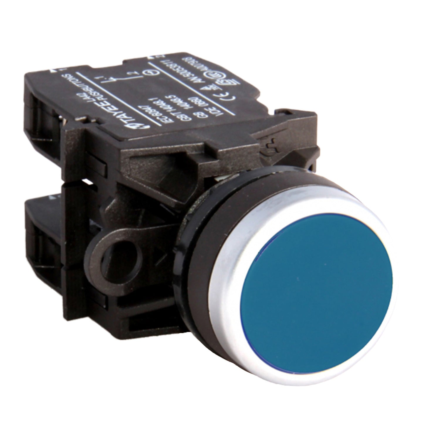 Blue button with black casing on a white background