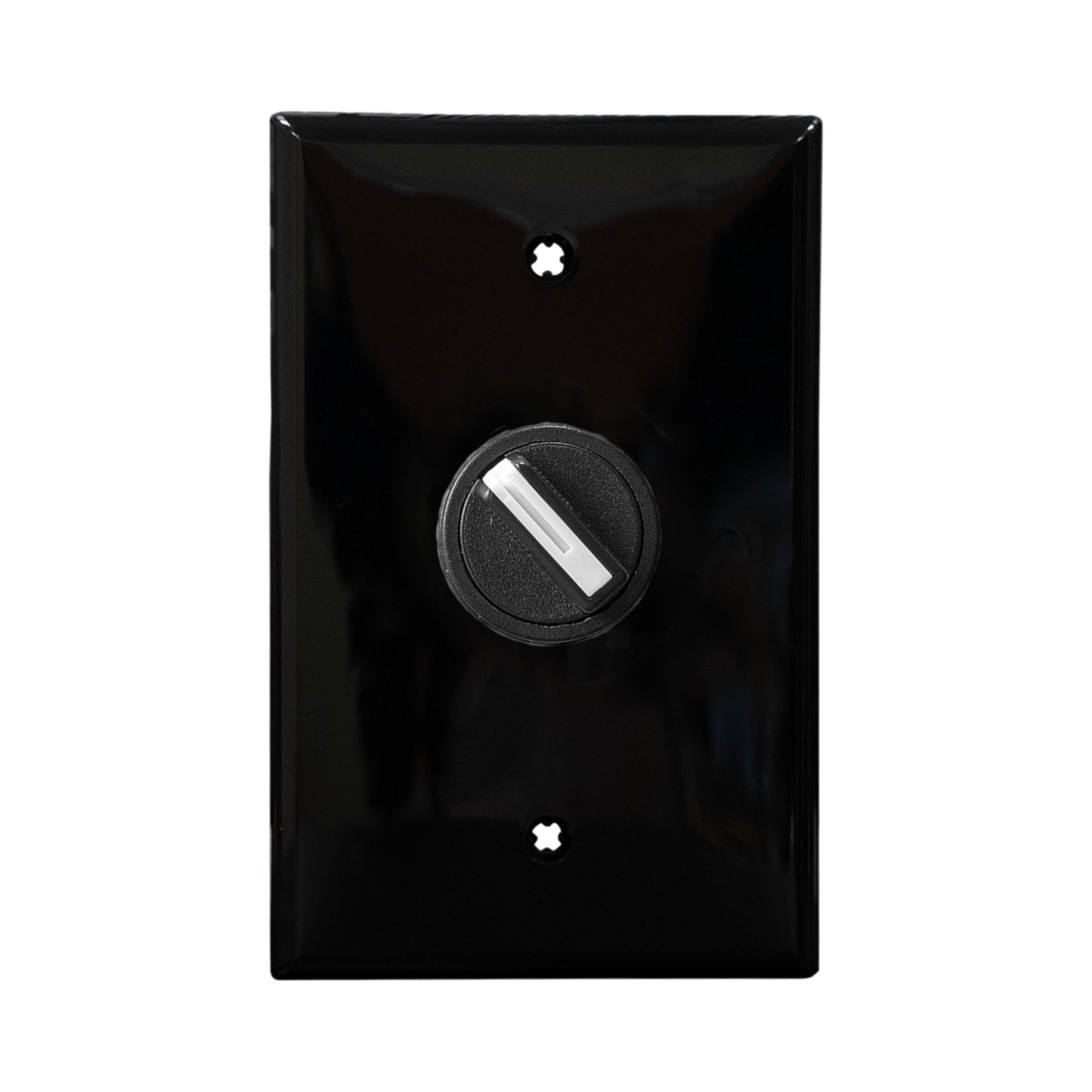 Black wall plate with black 2-position switch on a white background.