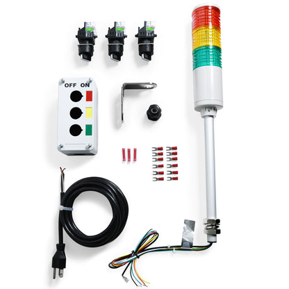 An LED Andon Tower Light Station Kit which includes a multi-colored LED tower light, a switchbox, labeling, switches, a right angle bracket, power cord, cable gland, butt splices, and terminal connectors.