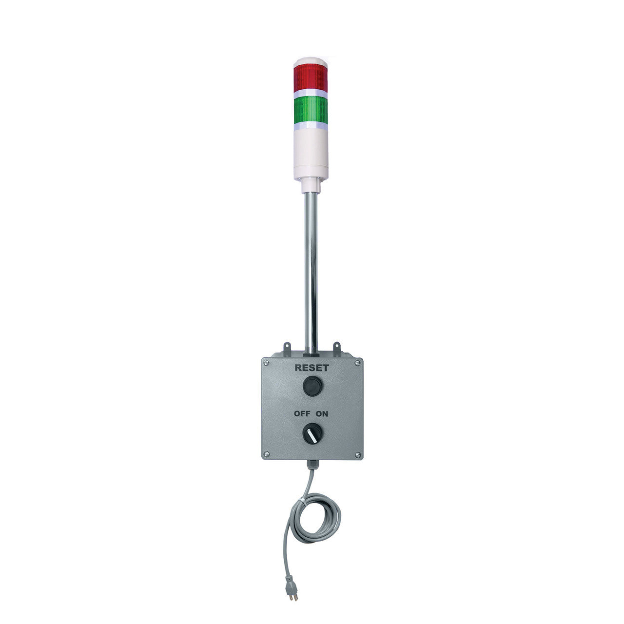 Two-color pole-mounted wireless cycle timer andon light (Red-Green) on a white background.