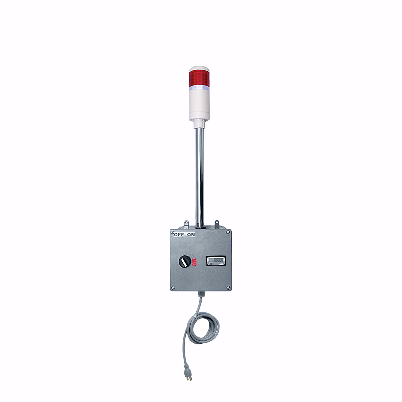 Electrical industrial timer with red indicator light on a white background