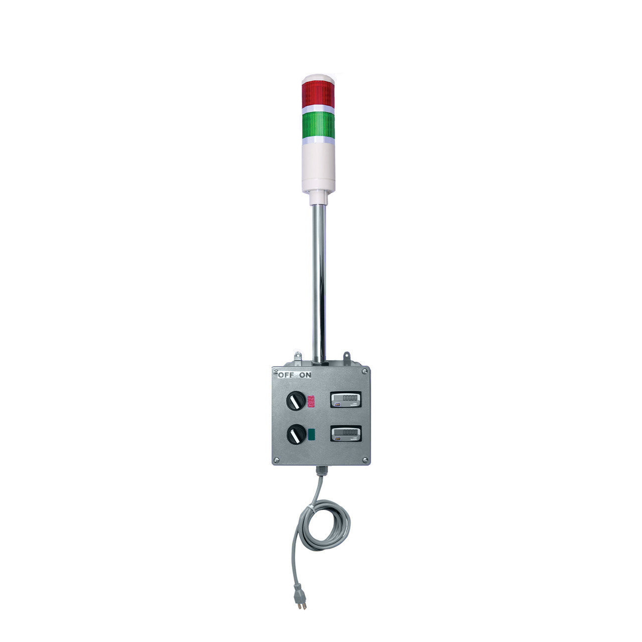 Electrical industrial timer with red and green indicator lights on a white background