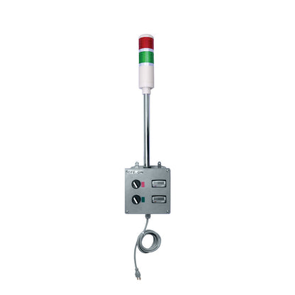 Electrical industrial timer with red and green indicator lights on a white background