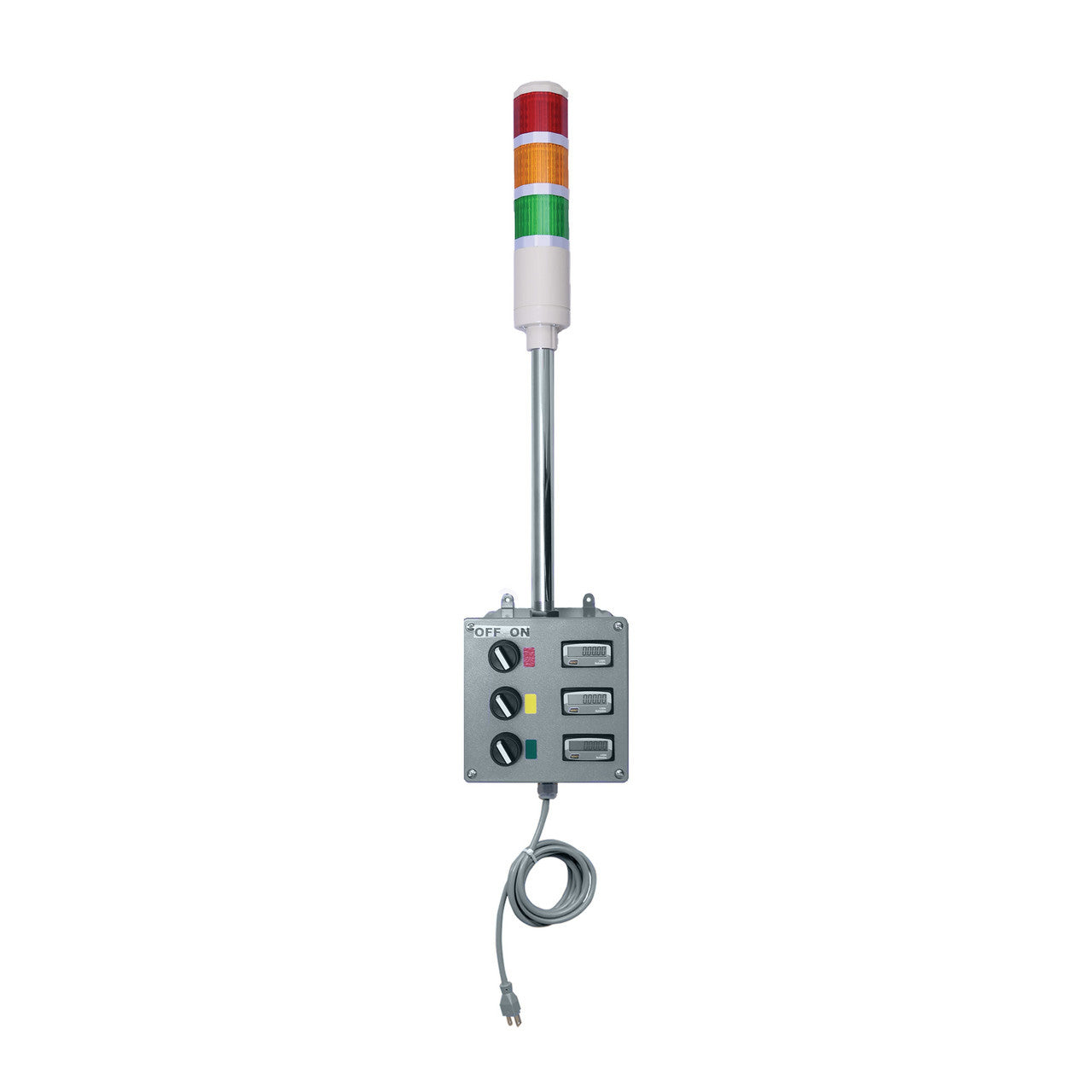 Electrical industrial timer with red, amber and green indicator lights on a white background