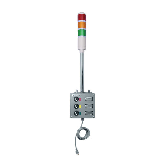 Electrical industrial timer with red, amber and green indicator lights on a white background