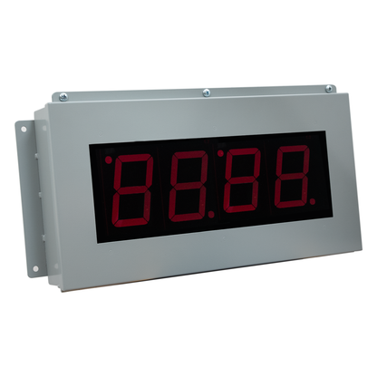 Digital display with red LED digits on a white background