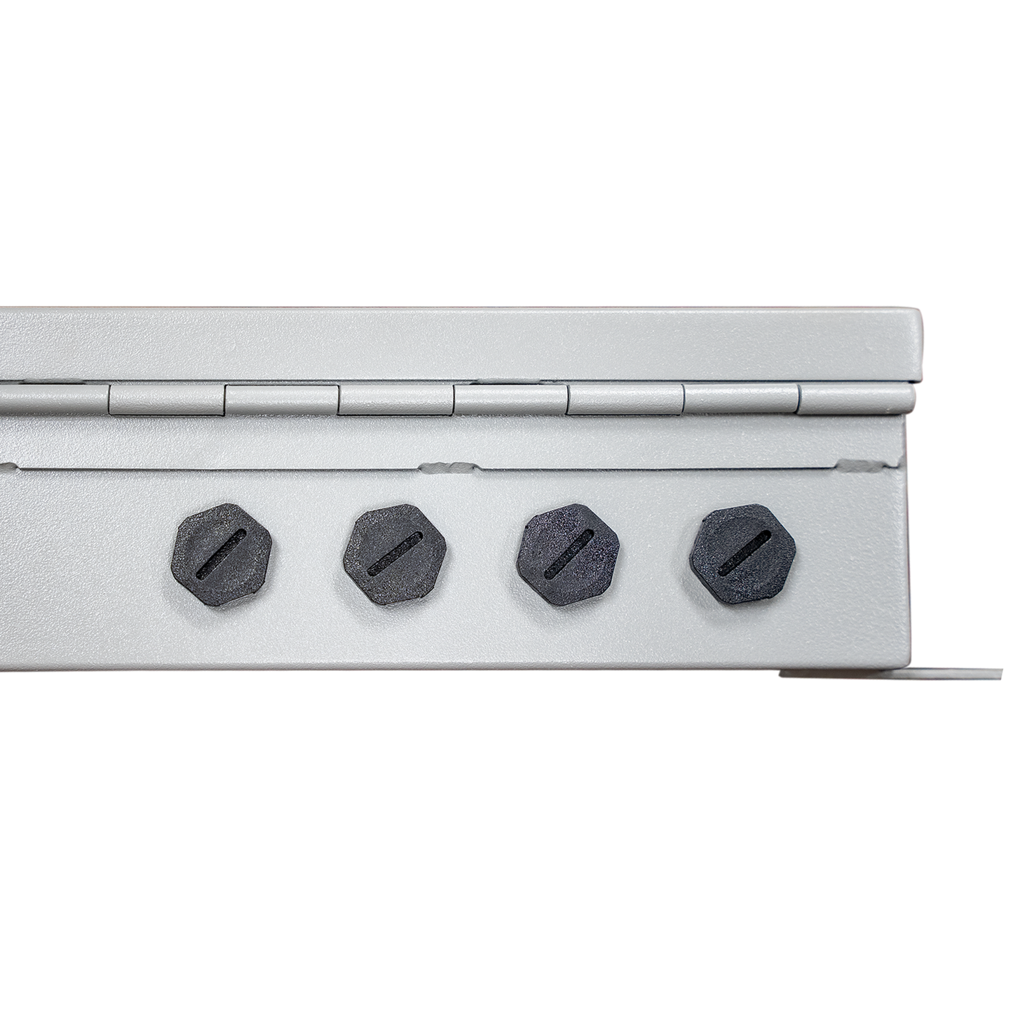 Close-up of a metallic hinge with four hexagonal pins on a white background