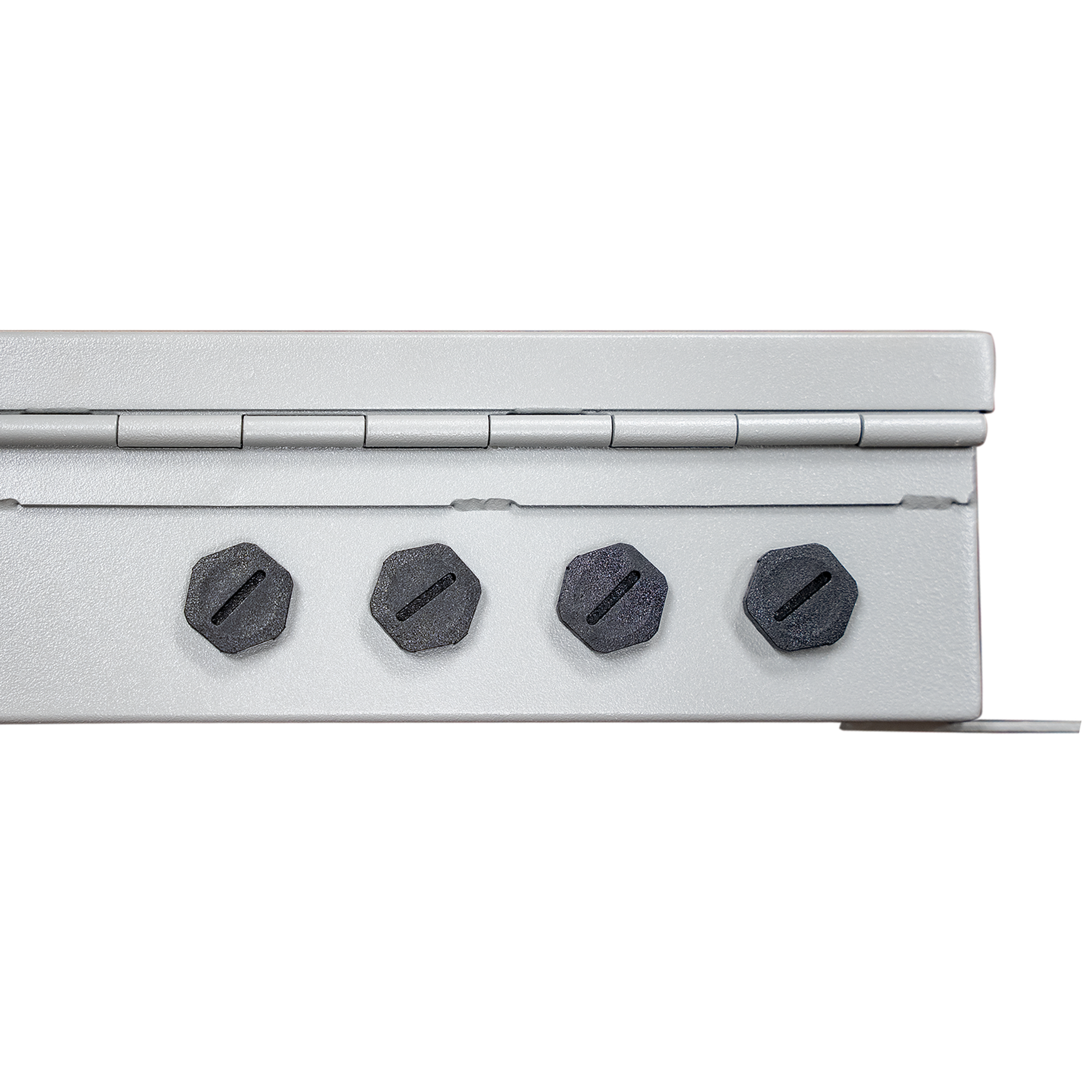 Close-up of a metallic hinge with four hexagonal pins on a white background