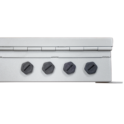 Close-up of a metallic hinge with four hexagonal pins on a white background