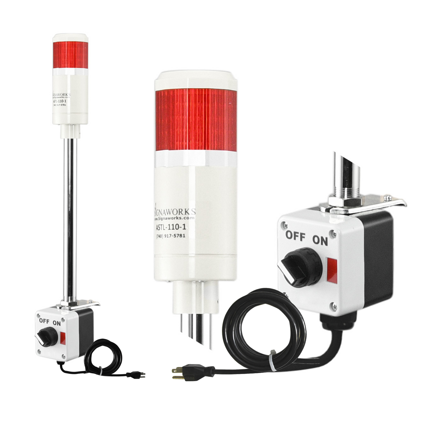 Red pole-mounted industrial signal with 2-position switch labeled off/On and black power cable on a white .background.