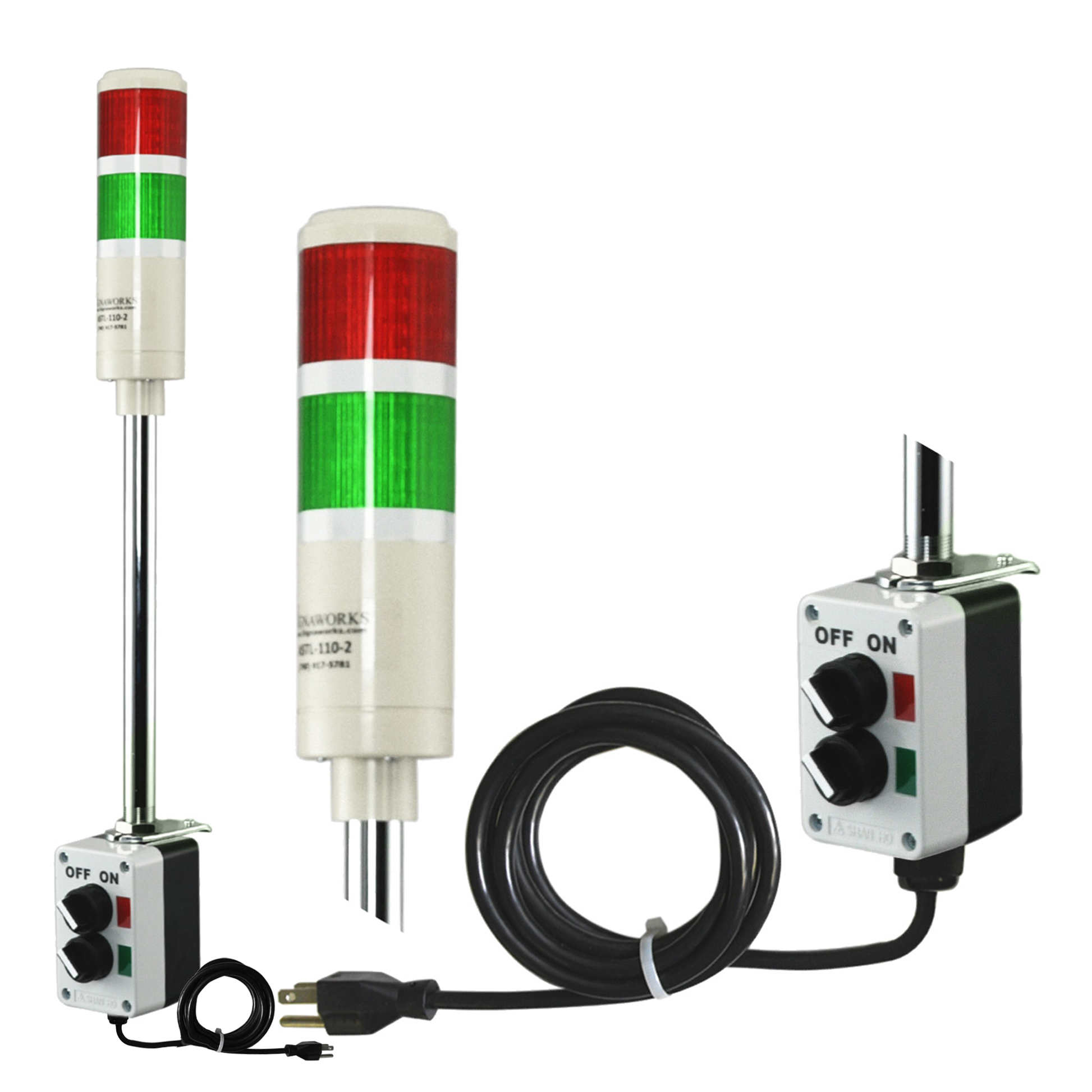 Multi-color pole-mounted industrial signal with 2-position switch labeled off/On and black power cable on a white background; Red-Green.