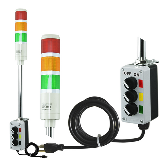 Multi-color pole-mounted industrial signal with 2-position switch labeled off/On and black power cable on a white background; Red-Amber-Green.