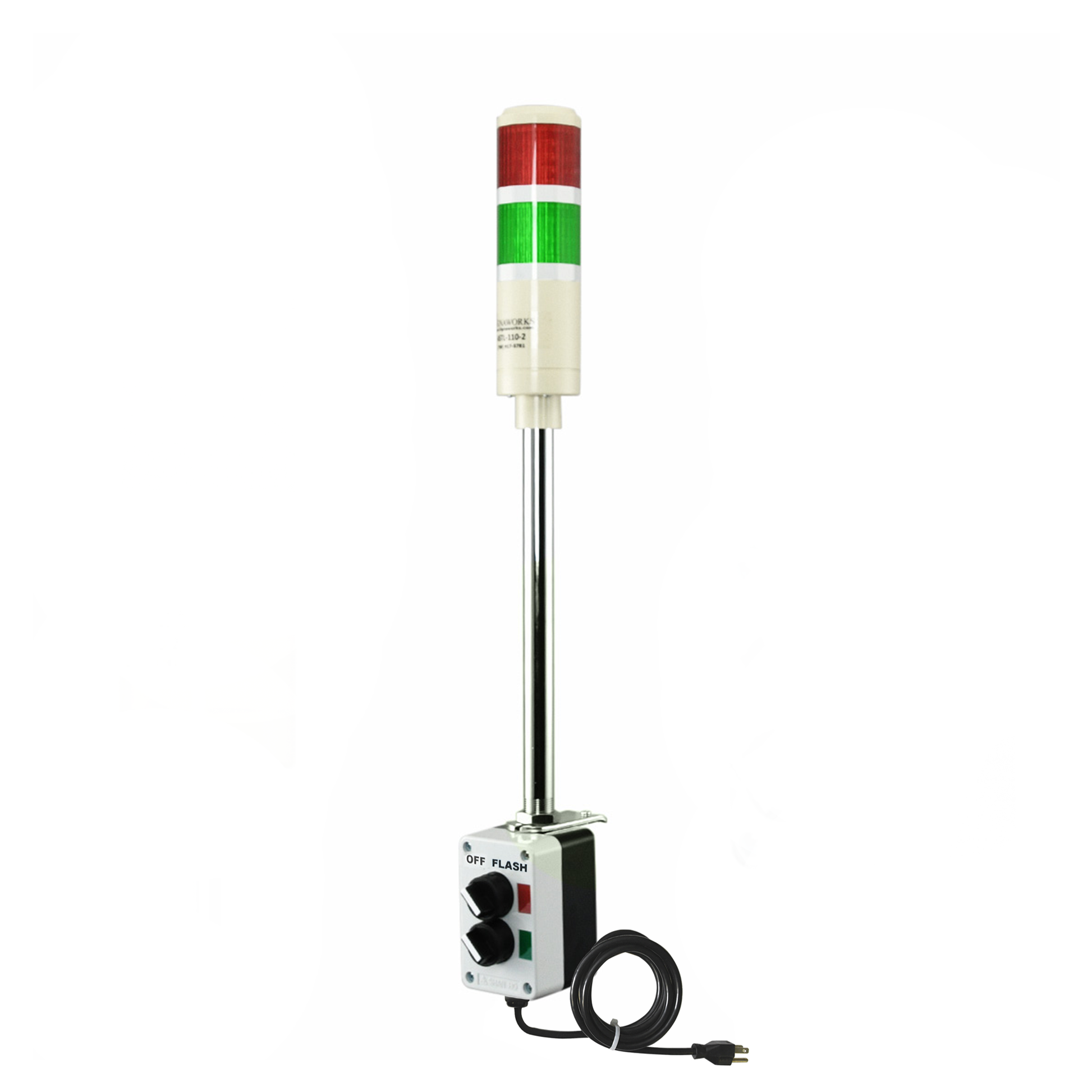 Multi-color pole-mounted industrial signal with 2-position switch labeled off/Flash and black power cable on a white background; Red-Green.