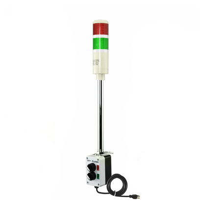 Multi-color pole-mounted industrial signal with 2-position switch labeled off/Flash and black power cable on a white background; Red-Green.