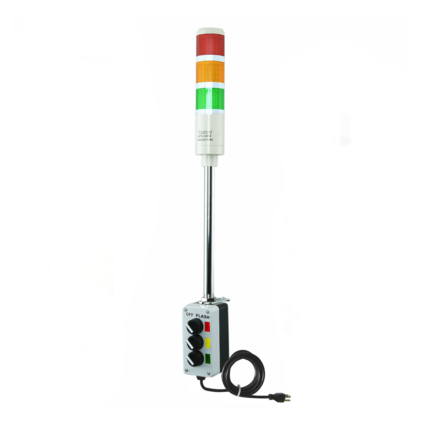 Multi-color pole-mounted industrial signal with 2-position switch labeled off/Flash and black power cable on a white background; Red-Amber-Green.