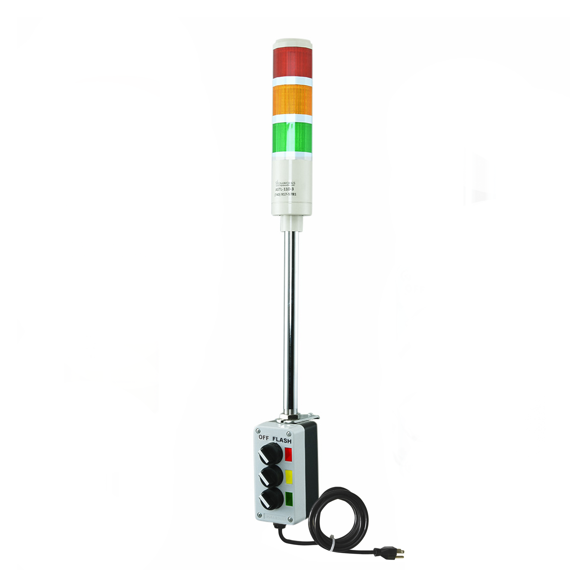Multi-color pole-mounted industrial signal with 2-position switch labeled off/Flash and black power cable on a white background; Red-Amber-Green.