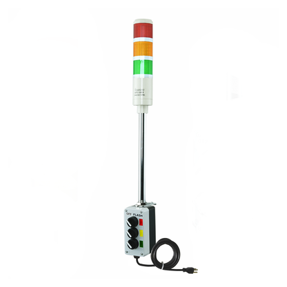 Multi-color pole-mounted industrial signal with 2-position switch labeled off/Flash and black power cable on a white background; Red-Amber-Green.