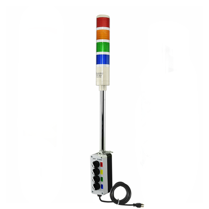 Multi-color pole-mounted industrial signal with 2-position switch labeled off/Flash and black power cable on a white background; Red-Amber-Green-Blue.