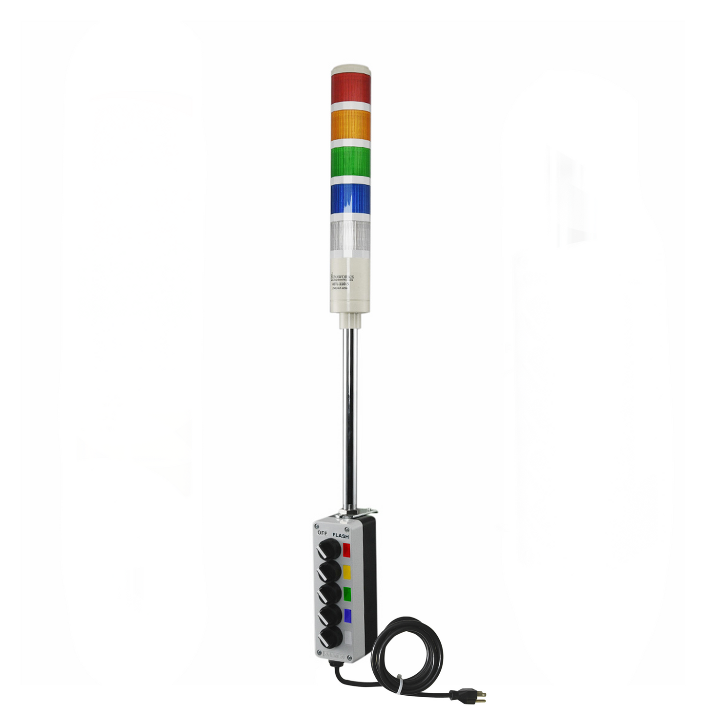 Multi-color pole-mounted industrial signal with 2-position switch labeled off/Flash and black power cable on a white background; Red-Amber-Green-Blue-White.