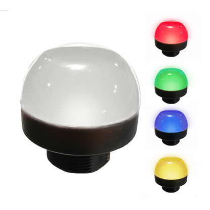 A collection of images showing a 30mm multi-colored LED pilot light with a white dome, available in red, green, blue, and yellow colors, mounted on a black wall plate.