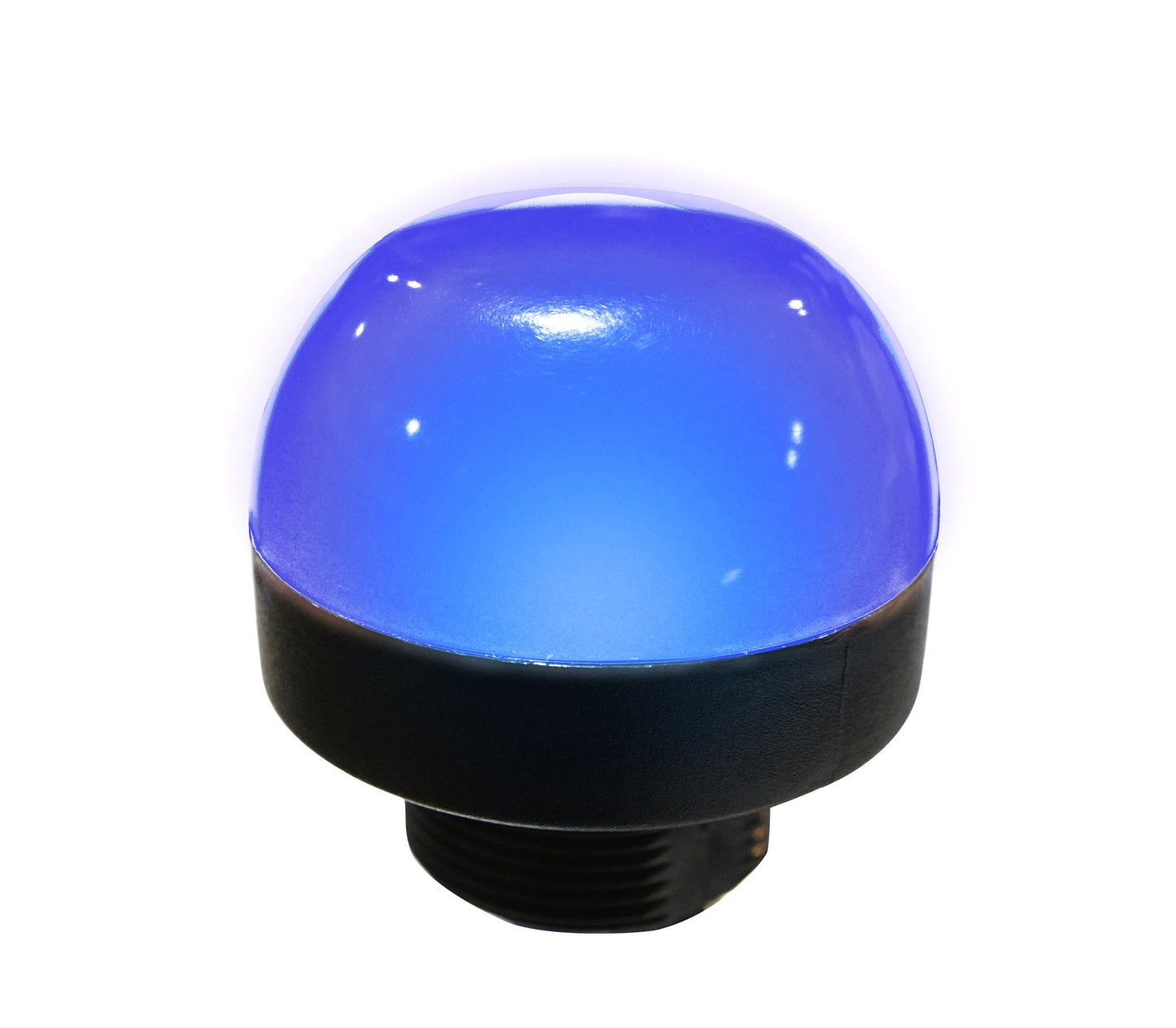 Blue pilot light with black base on a white background.