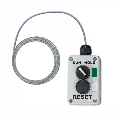 Control box with 'Run Hold' and 'Reset' buttons and a cable on a white background