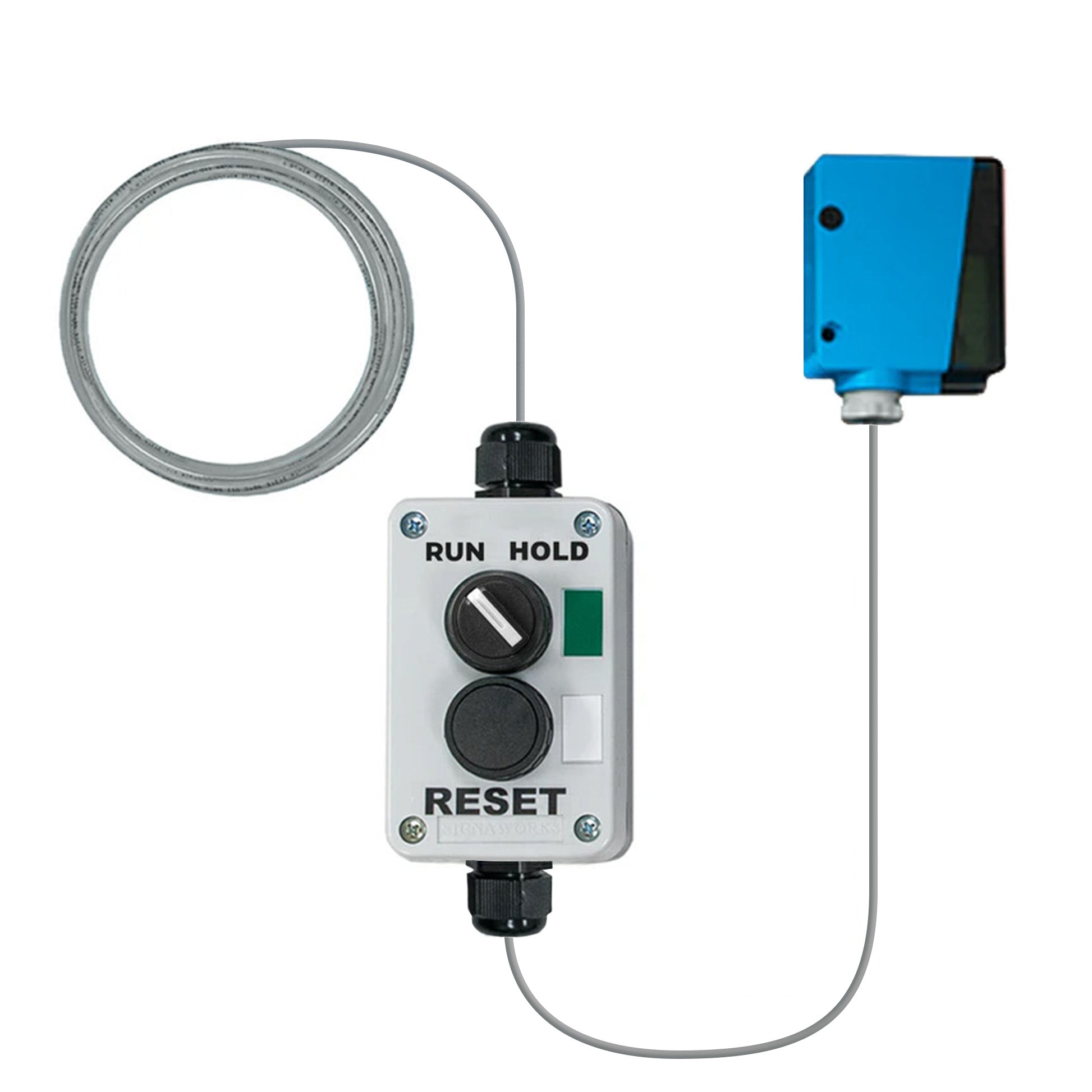 Wired control box with buttons and wiring on a white background.