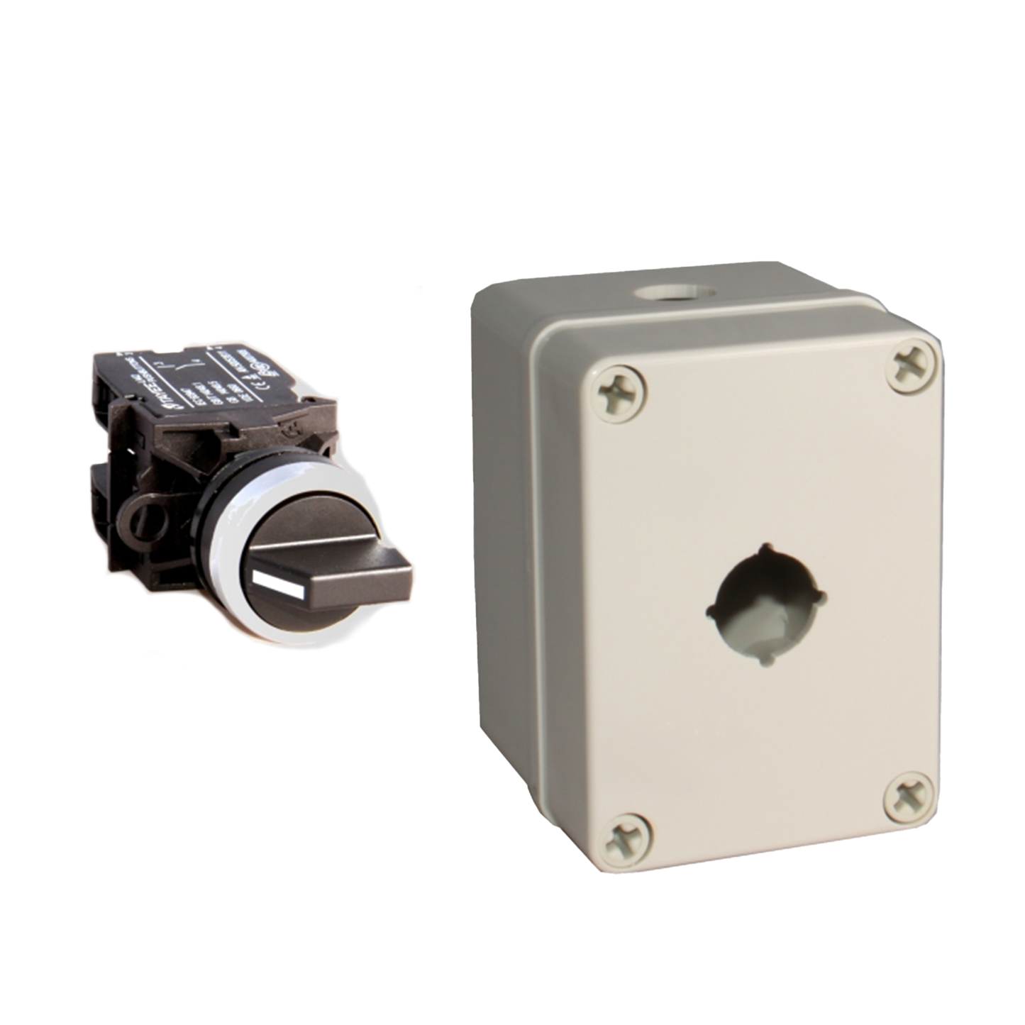 An industrial gray toggle selector switch kit with two positional switches and ABS mounting box.