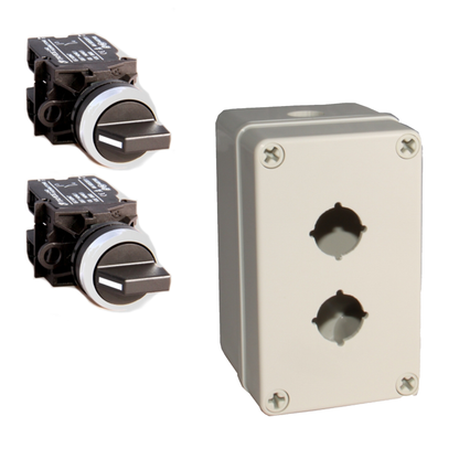 An industrial gray toggle selector switch kit with two positional switches and ABS mounting box.