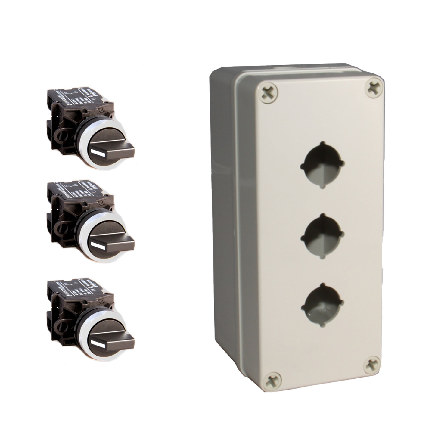 An industrial gray toggle selector switch kit with two positional switches and ABS mounting box.