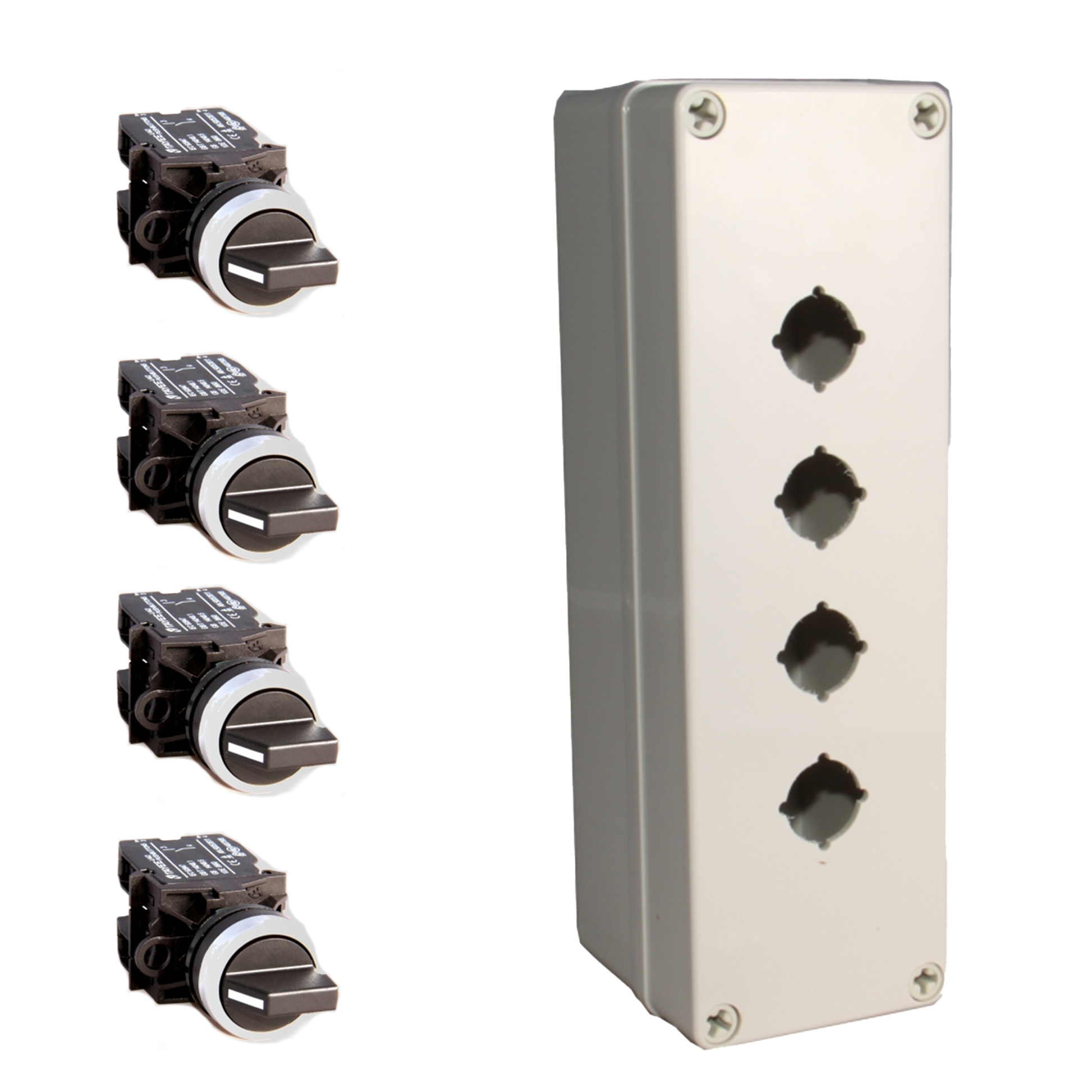 An industrial gray toggle selector switch kit with two positional switches and ABS mounting box.