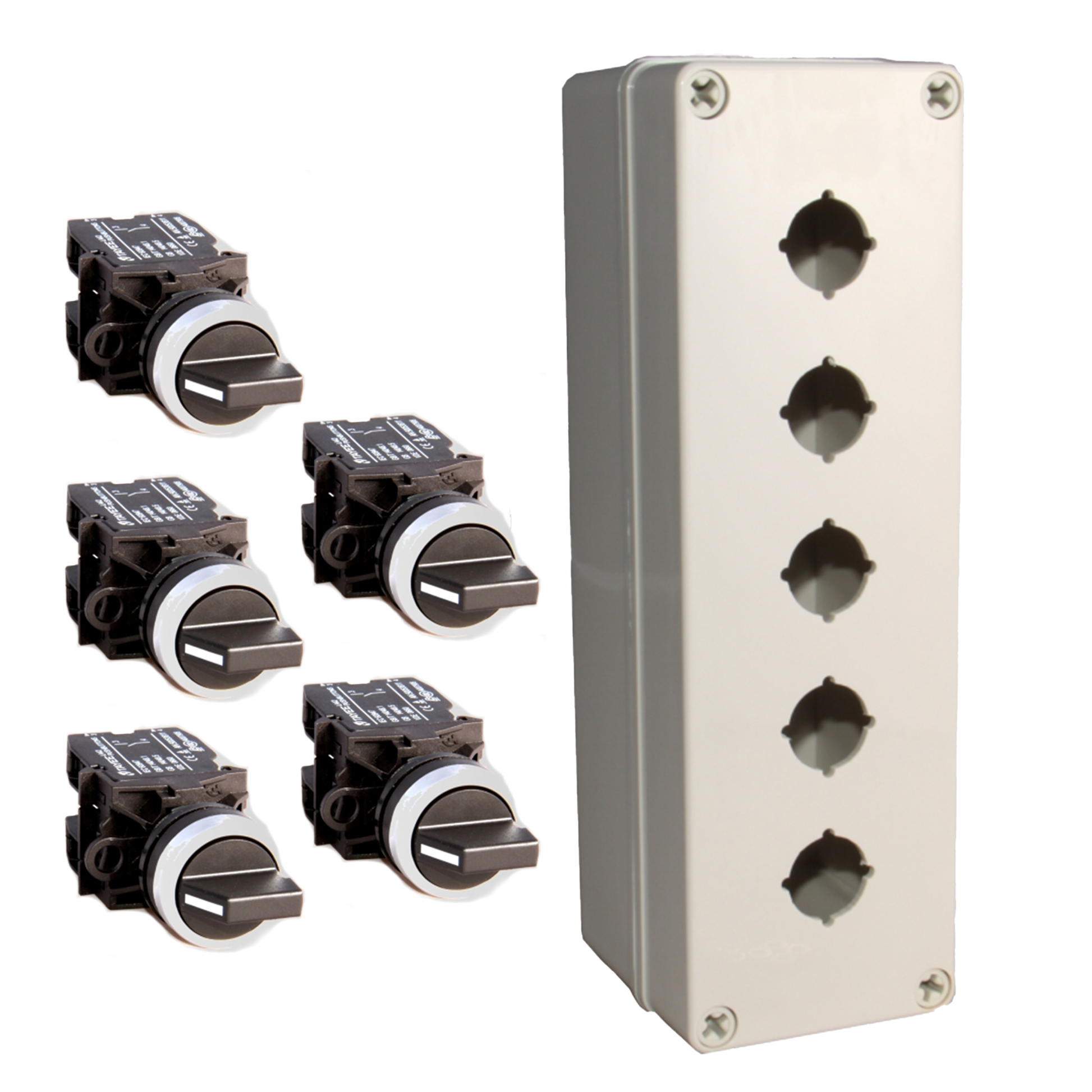 An industrial gray toggle selector switch kit with two positional switches and ABS mounting box.