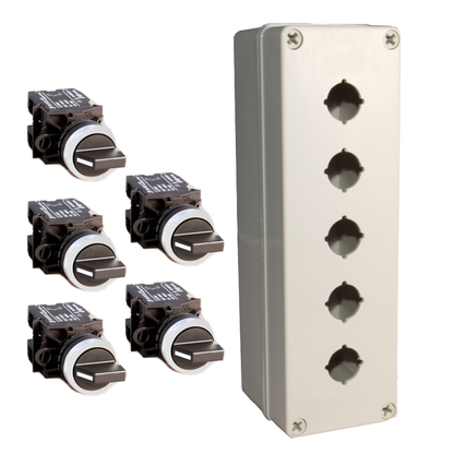 An industrial gray toggle selector switch kit with two positional switches and ABS mounting box.
