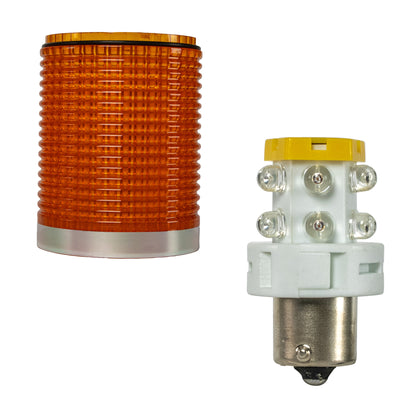 Amber plastic lens and red light bulb on white background.