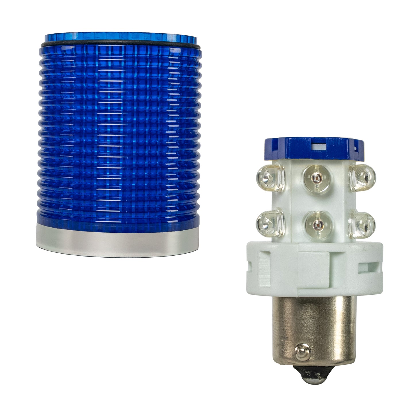 Blue plastic lens and red light bulb on white background.