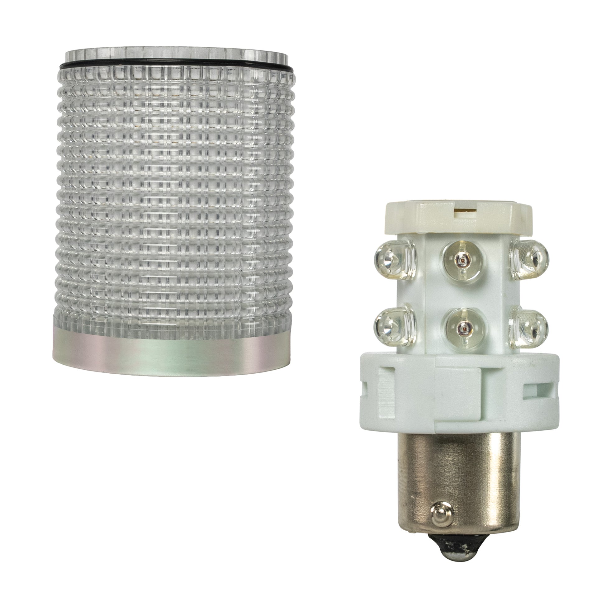 White plastic lens and red light bulb on white background.