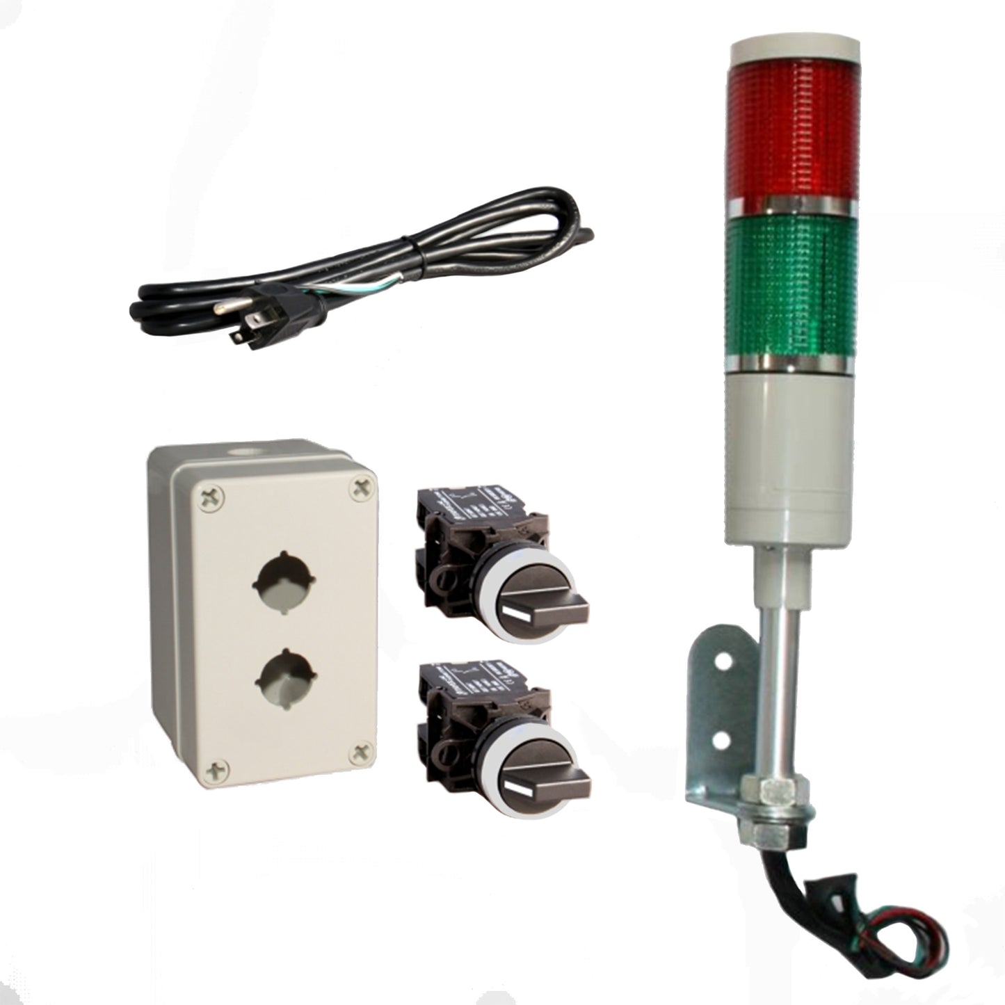 Set of industrial lights and control panels on a white background - Red-Green.