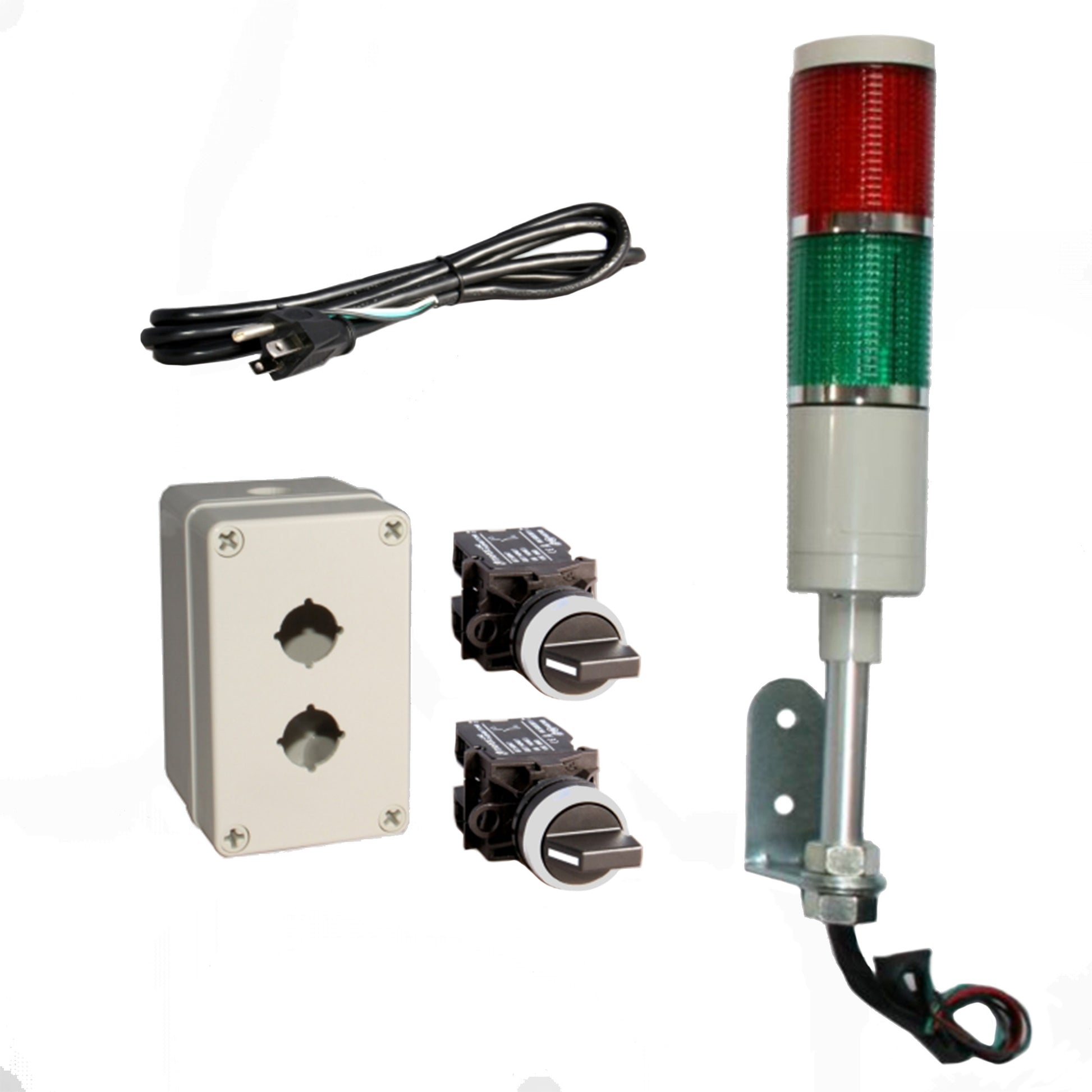 Set of industrial lights and control panels on a white background - Red-Green.