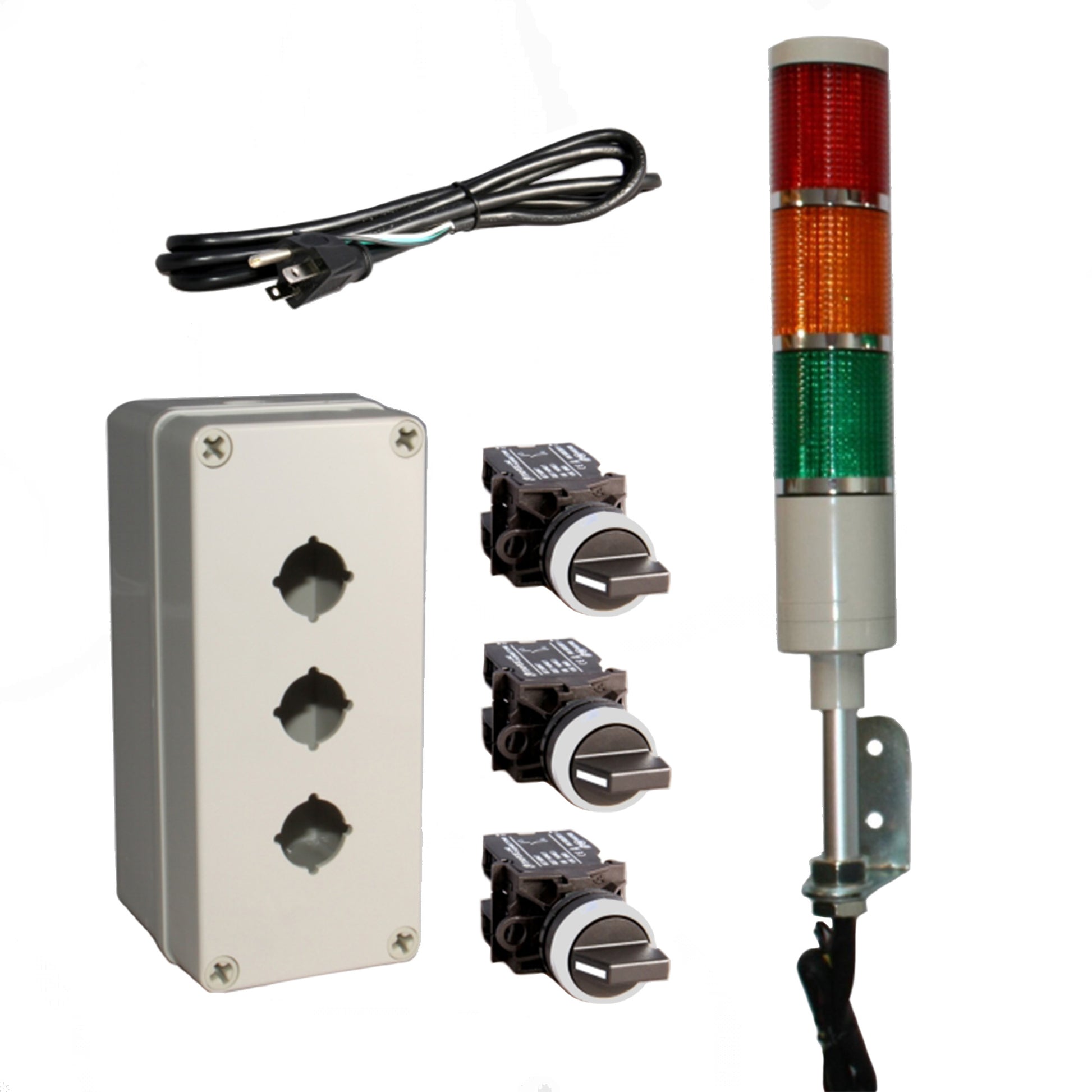 Set of industrial lights and control panels on a white background - Red-Amber-Green.