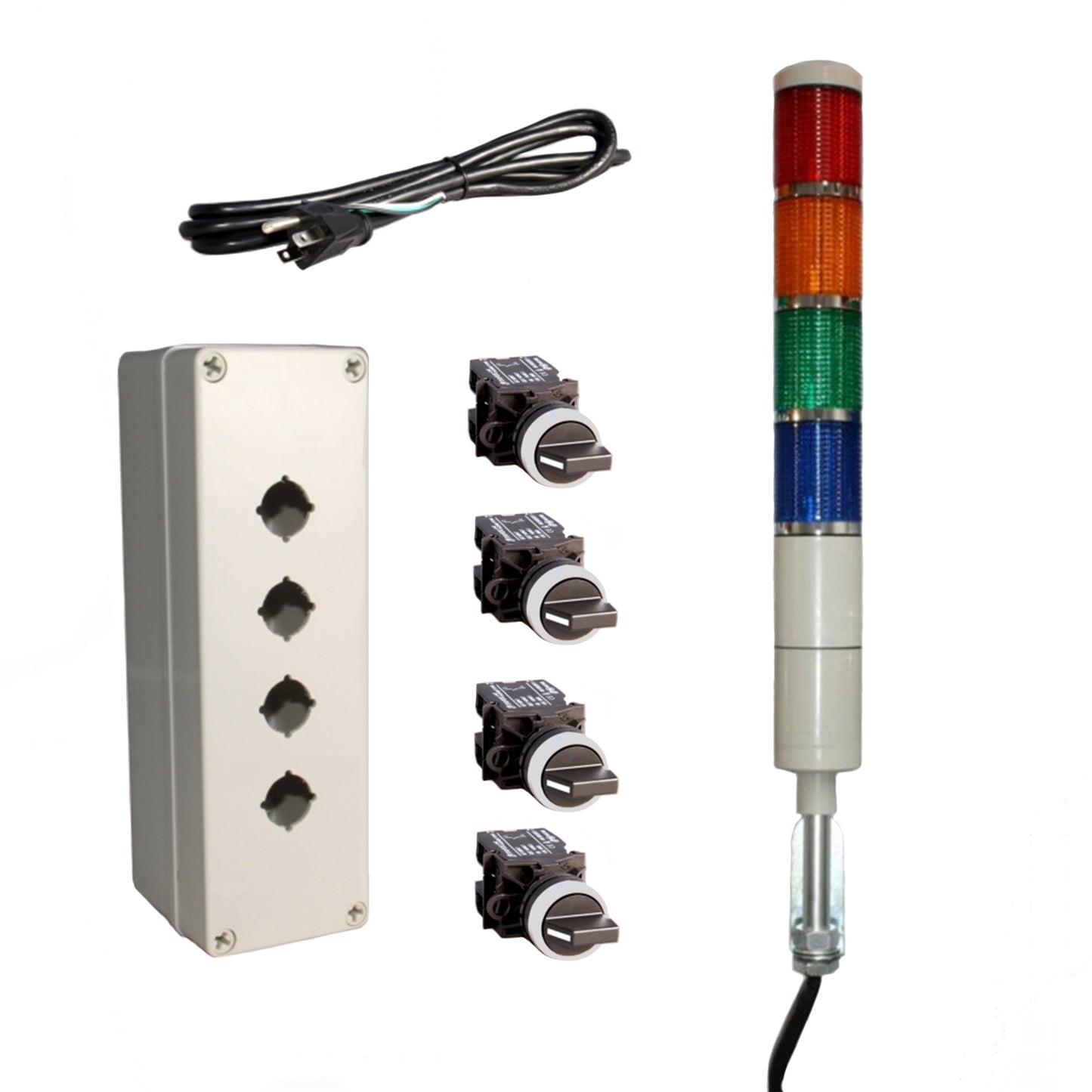 Electrical components including a control panel, switches, and a tall signal light on a white background - Red-Amber-Green-Blue.