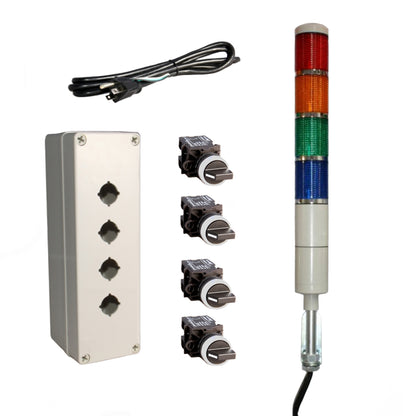 Electrical components including a control panel, switches, and a tall signal light on a white background - Red-Amber-Green-Blue.