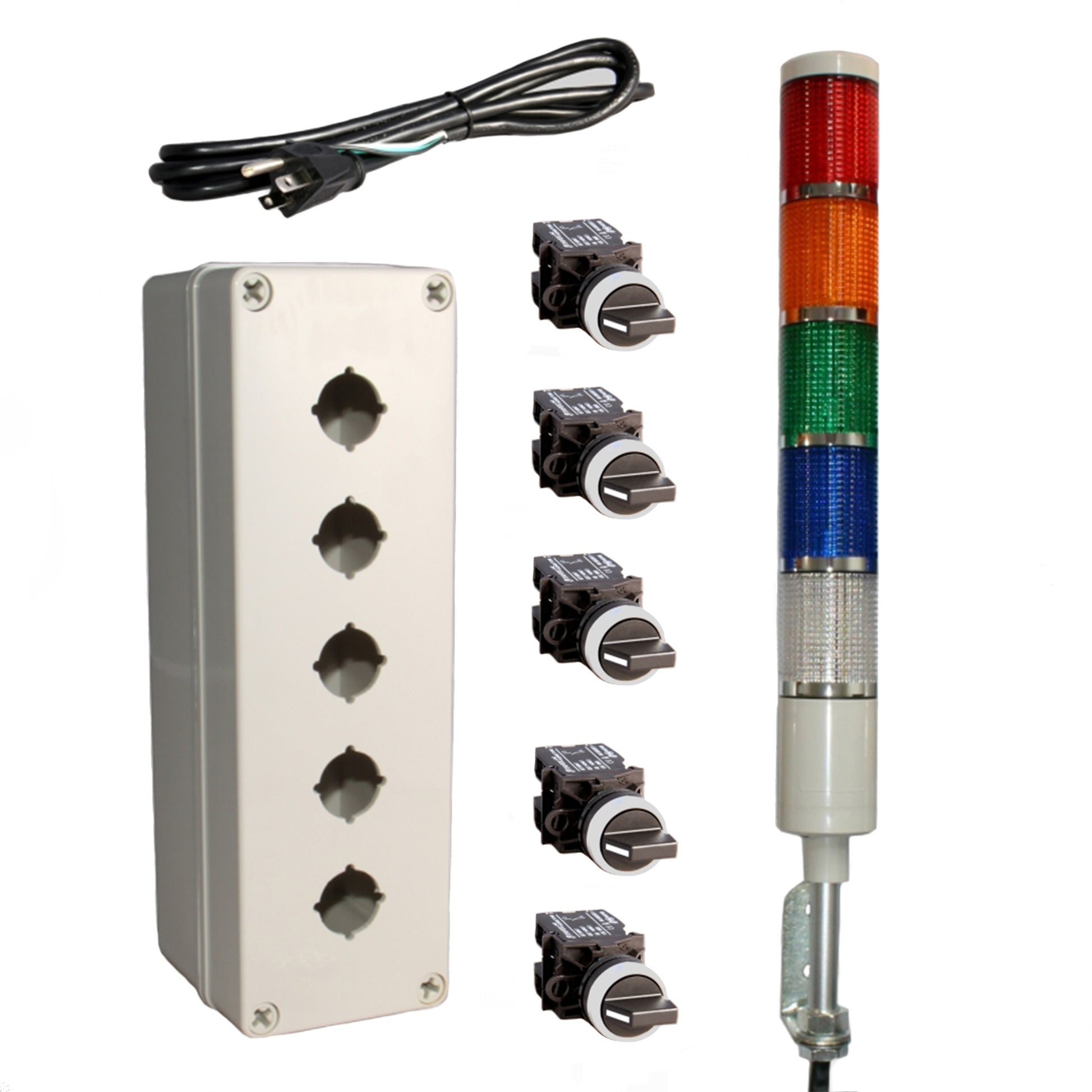 Electrical components including a box with sockets, switches, and a tall signal light on a white background - Red-Amber-Green-Blue-White.