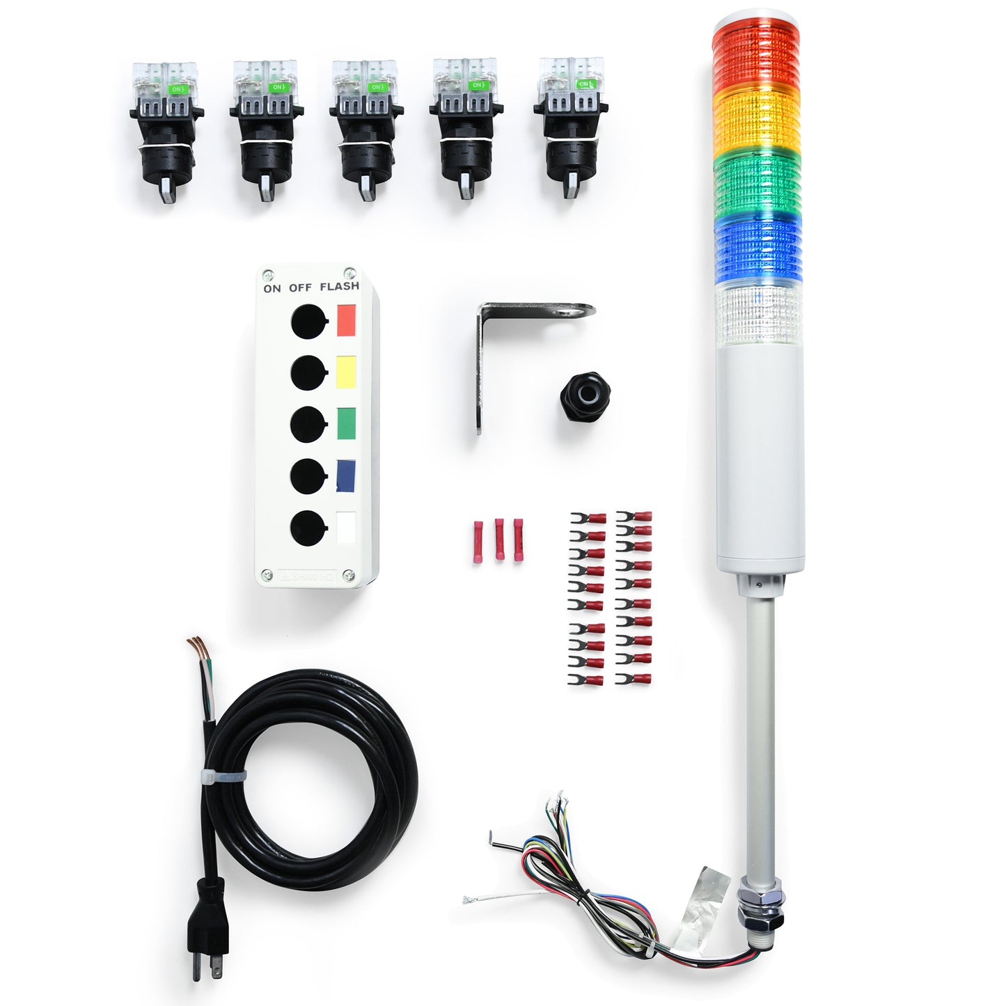 An LED Andon Tower Light Station Kit which includes a multi-colored LED tower light, a switchbox, labeling, switches, a right angle bracket, power cord, cable gland, butt splices, and terminal connectors.