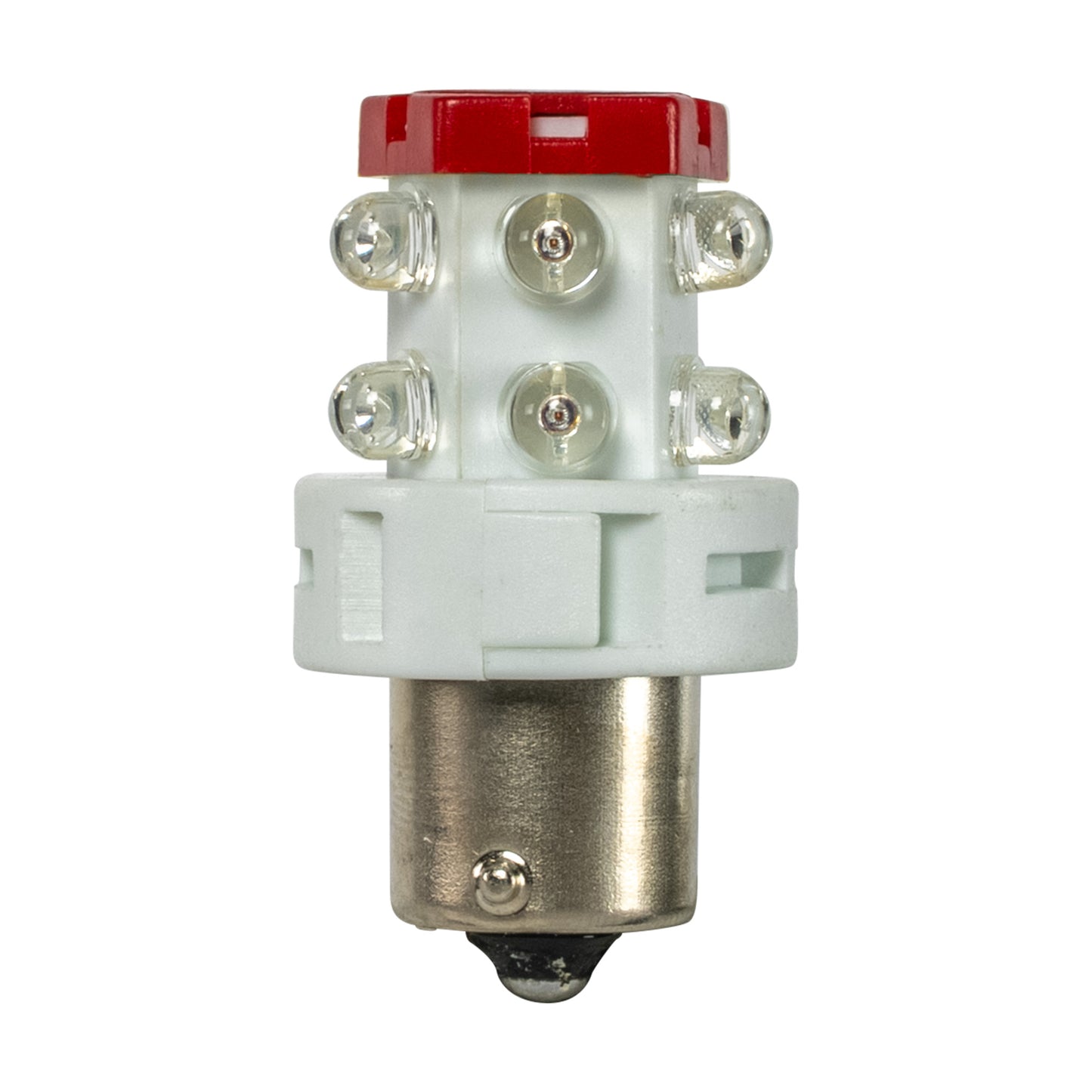 Light bulb with red top and white base on a white background