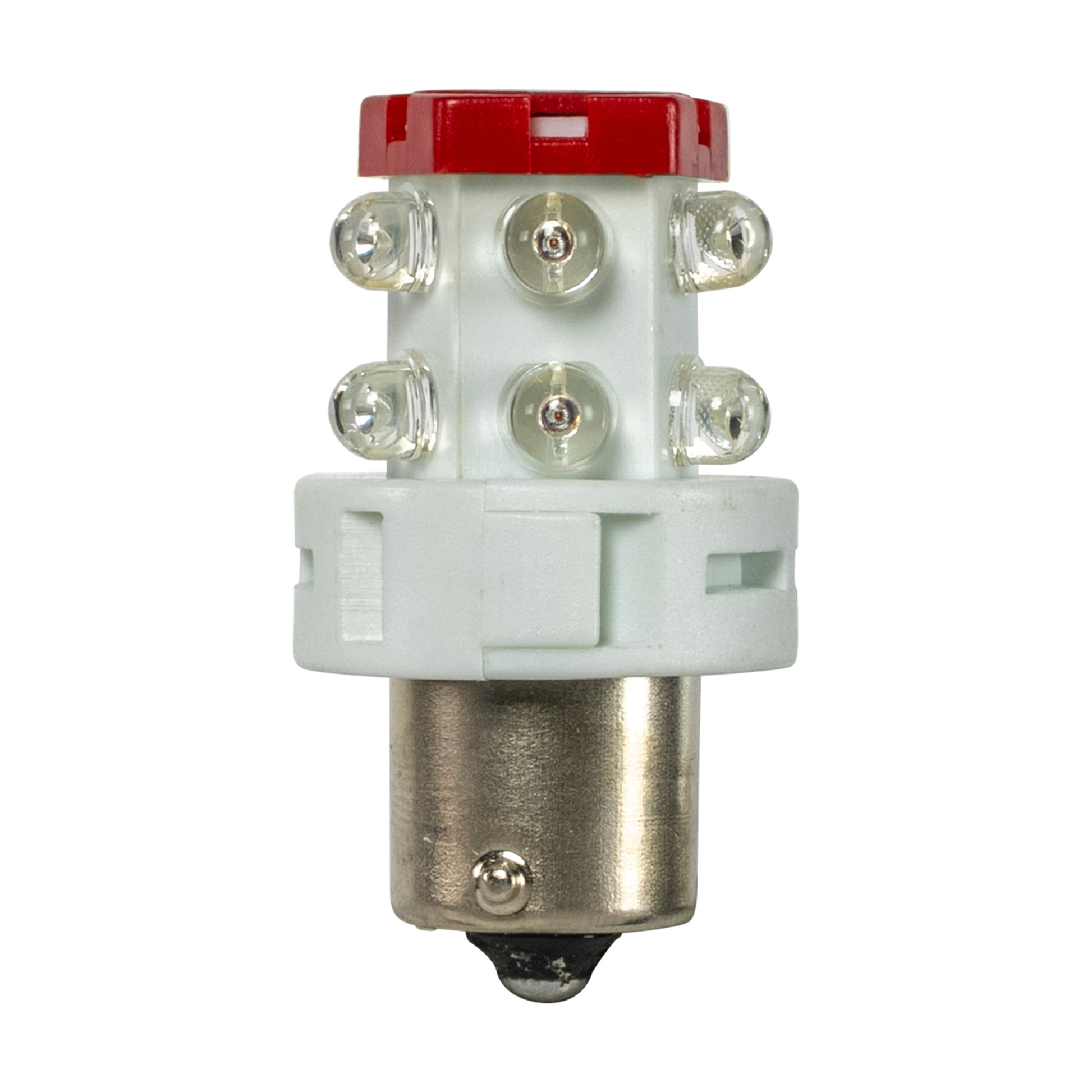 Light bulb with red top and white base on a white background